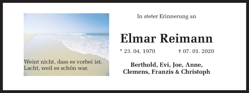  Traueranzeige für Elmar Reimann vom 18.01.2020 aus Ruhr Nachrichten und Dorstener Zeitung