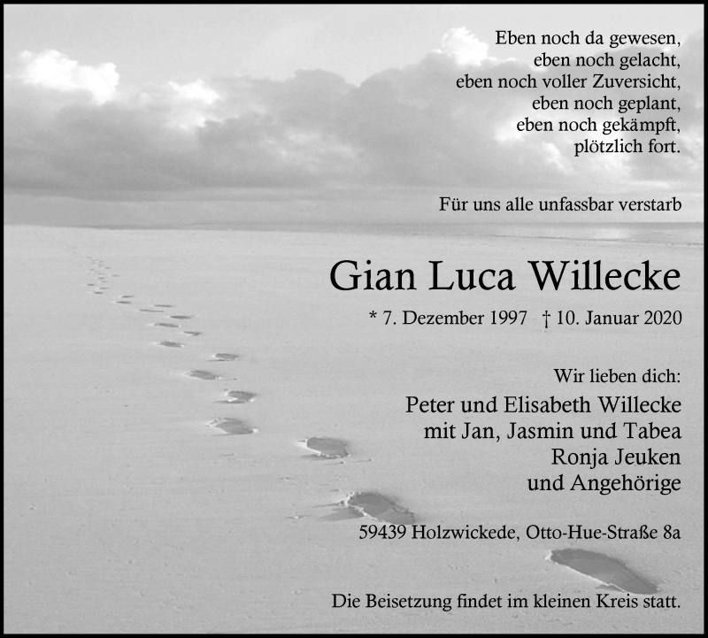  Traueranzeige für Gian Luca Willecke vom 14.01.2020 aus Hellweger Anzeiger