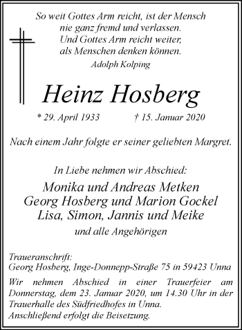 Traueranzeige von Heinz Hosberg von Hellweger Anzeiger