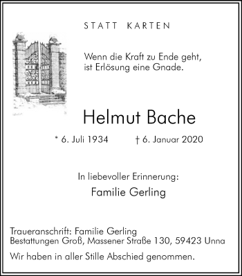 Traueranzeige von Helmut Bache von Hellweger Anzeiger