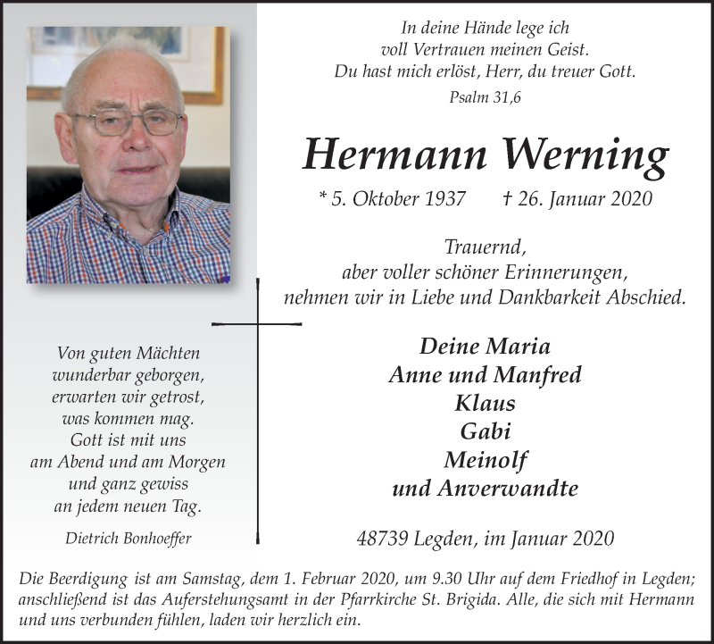  Traueranzeige für Hermann Werning vom 29.01.2020 aus Münstersche Zeitung und Münsterland Zeitung