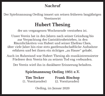 Traueranzeige von Hubert Thesing von Münstersche Zeitung und Münsterland Zeitung