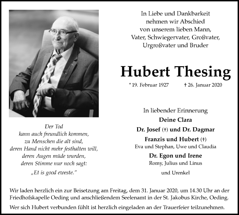  Traueranzeige für Hubert Thesing vom 29.01.2020 aus Münstersche Zeitung und Münsterland Zeitung