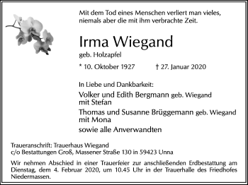 Traueranzeige von Irma Wiegand von Hellweger Anzeiger