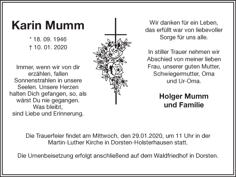  Traueranzeige für Karin Mumm vom 25.01.2020 aus Ruhr Nachrichten und Dorstener Zeitung