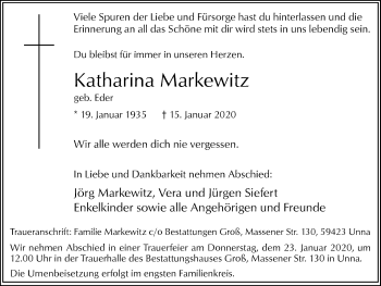 Traueranzeige von Katharina Markewitz von Hellweger Anzeiger