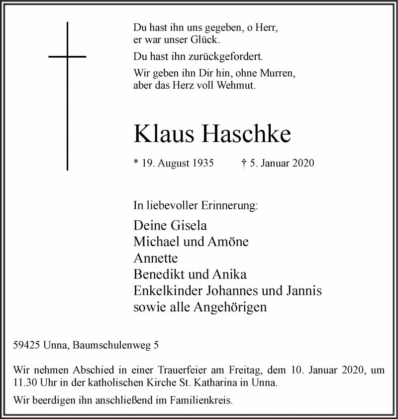  Traueranzeige für Klaus Haschke vom 07.01.2020 aus Hellweger Anzeiger