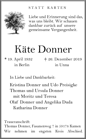 Traueranzeige von Käte Donner von Ruhr Nachrichten