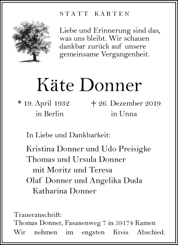 Traueranzeige von Käte Donner von Ruhr Nachrichten