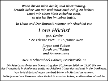 Traueranzeige von Lore Höchst von Ruhr Nachrichten und Dorstener Zeitung