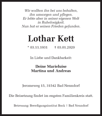 Traueranzeige von Lothar Kett von Ruhr Nachrichten