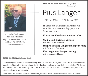 Traueranzeige von Pius Langer von Münstersche Zeitung und Münsterland Zeitung