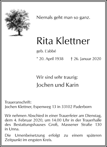Traueranzeige von Rita Klettner von Hellweger Anzeiger
