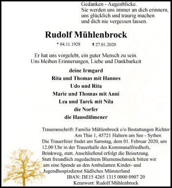 Traueranzeige von Rudolf Mühlenbrock von Ruhr Nachrichten und Halterner Zeitung