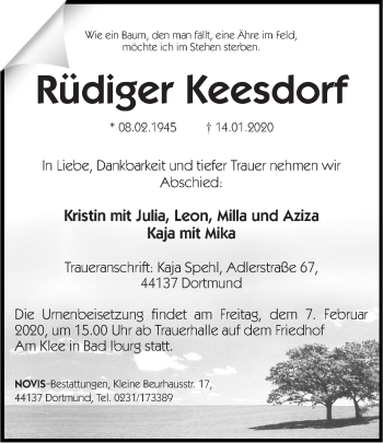 Traueranzeige von Rüdiger Keesdorf von Ruhr Nachrichten