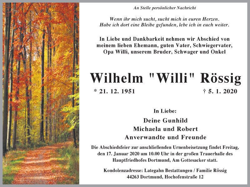  Traueranzeige für Wilhelm Rössig vom 11.01.2020 aus Hellweger Anzeiger