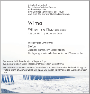 Traueranzeige von Wilhelmine Kipp von Hellweger Anzeiger