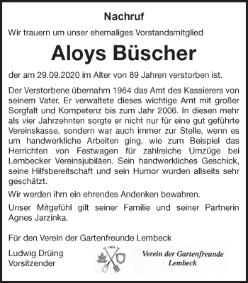 Traueranzeige von Aloys Büscher von Ruhr Nachrichten und Dorstener Zeitung