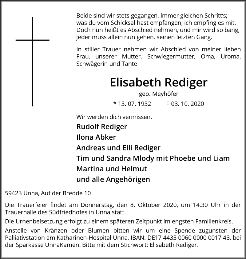  Traueranzeige für Elisabeth Rediger vom 06.10.2020 aus Hellweger Anzeiger