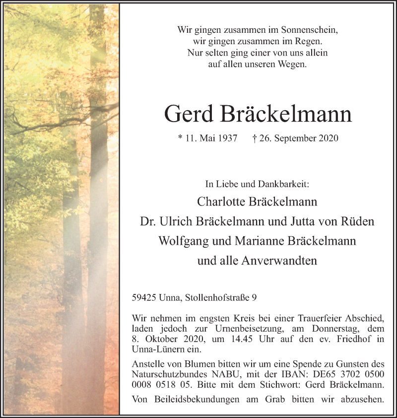  Traueranzeige für Gerd Bräckelmann vom 03.10.2020 aus Hellweger Anzeiger