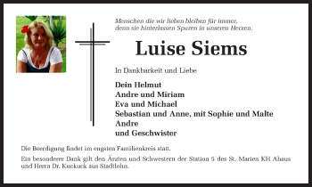 Traueranzeige von Luise Siems von Münstersche Zeitung und Münsterland Zeitung