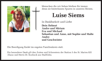 Traueranzeige von Luise Siems von Münstersche Zeitung und Münsterland Zeitung