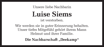 Traueranzeige von Luise Siems von Münstersche Zeitung und Münsterland Zeitung