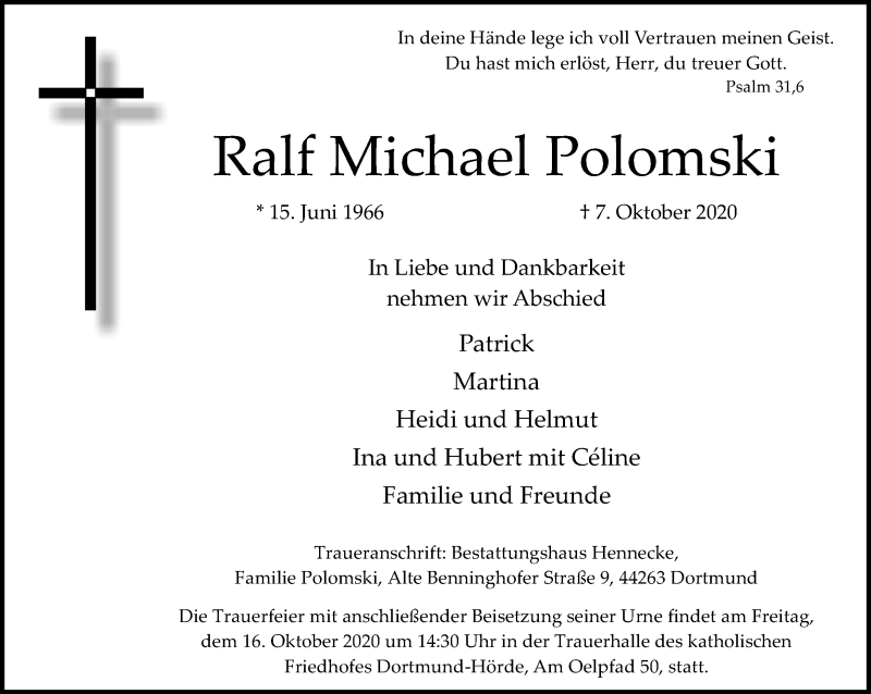  Traueranzeige für Ralf Michael Polomski vom 10.10.2020 aus Ruhr Nachrichten