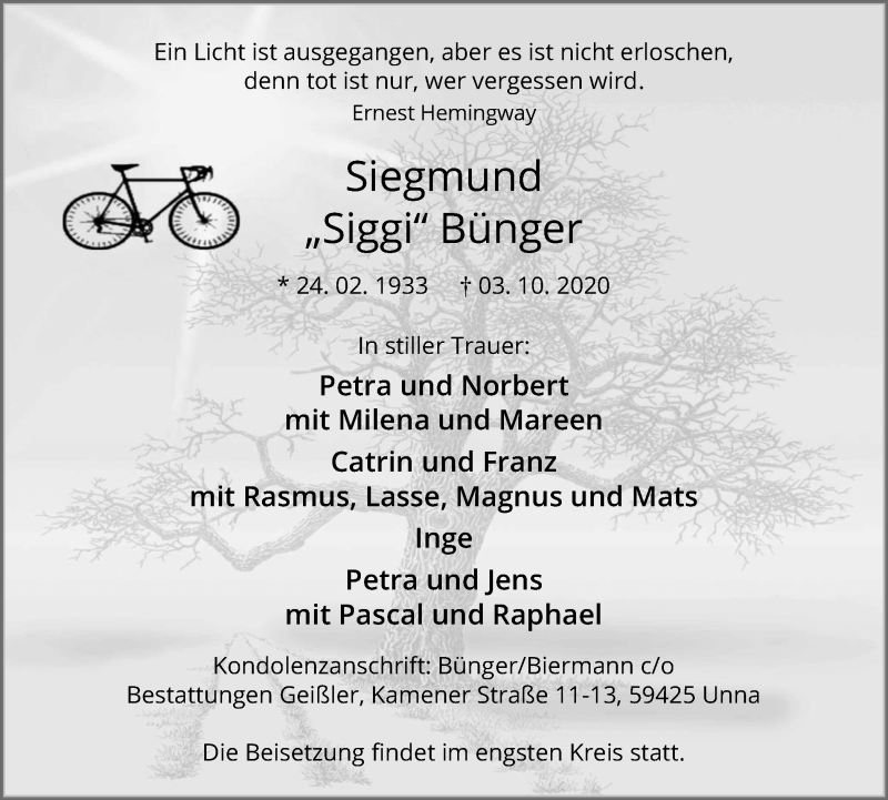  Traueranzeige für Siegmund Bünger vom 09.10.2020 aus Hellweger Anzeiger