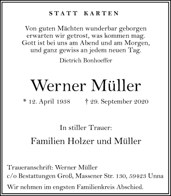 Traueranzeige von Werner Müller von Hellweger Anzeiger