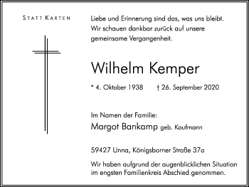 Traueranzeige von Wilhelm Kemper von Hellweger Anzeiger