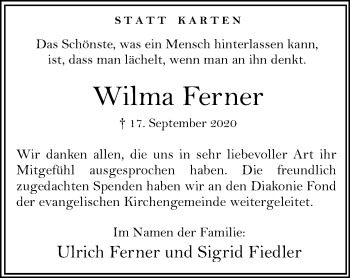 Traueranzeige von Wilma Ferner von Hellweger Anzeiger