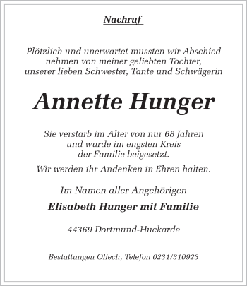 Traueranzeige von Annette Hunger von Ruhr Nachrichten