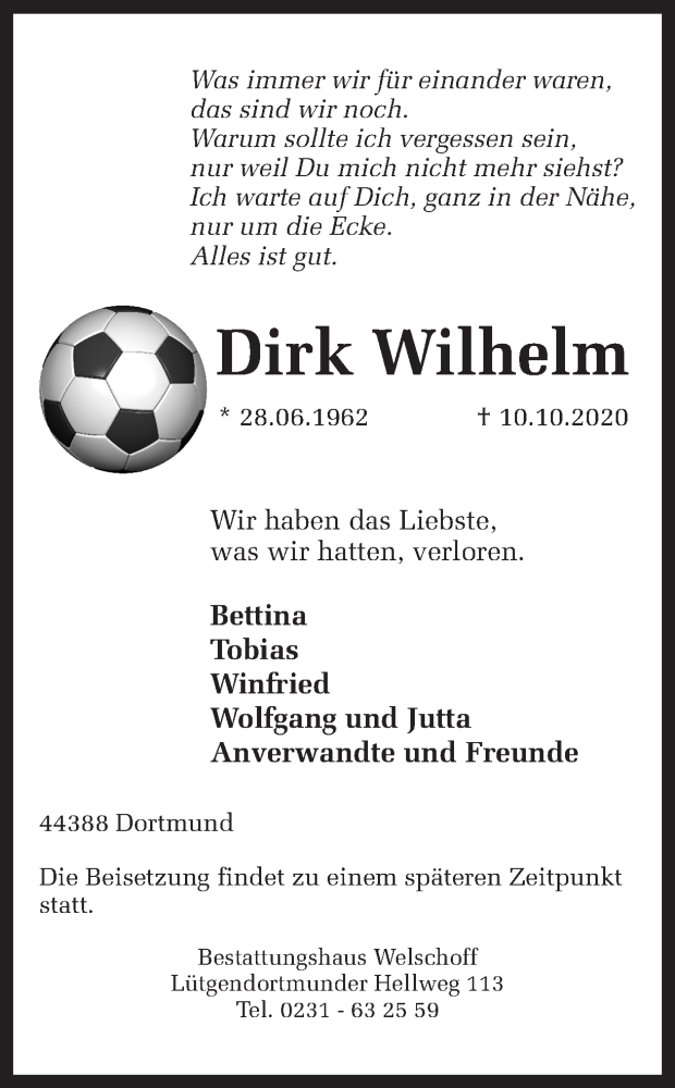  Traueranzeige für Dirk Wilhelm vom 24.10.2020 aus Ruhr Nachrichten