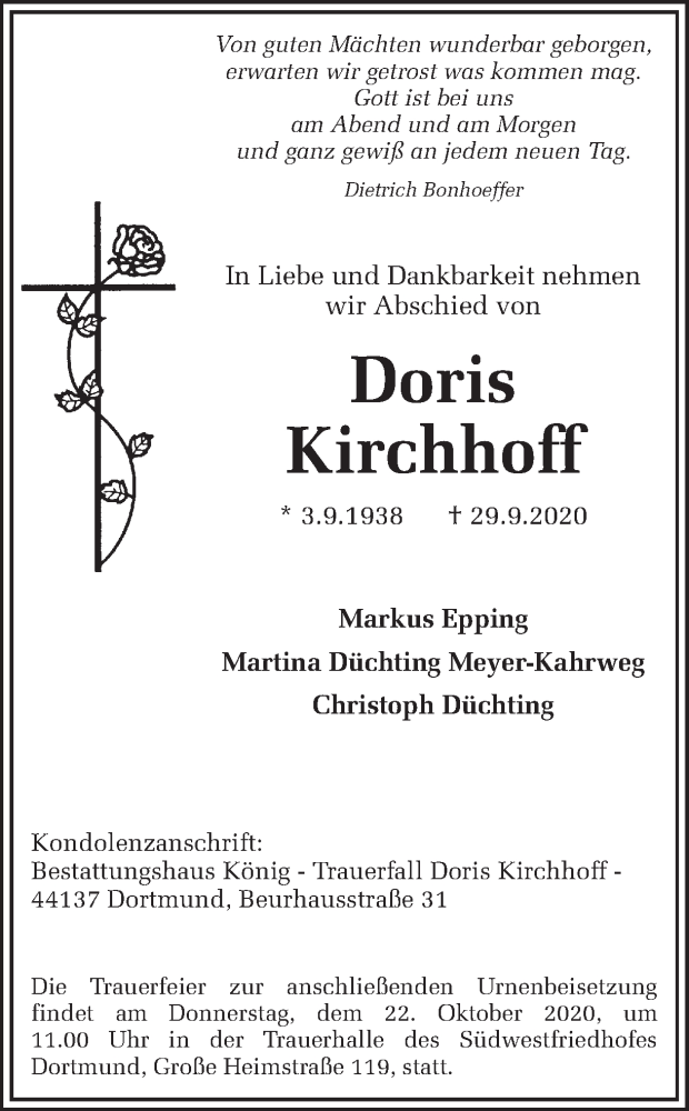  Traueranzeige für Doris Kirchhoff vom 17.10.2020 aus Ruhr Nachrichten