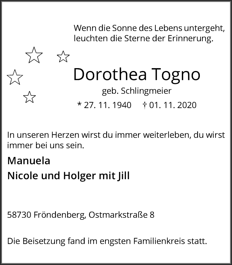  Traueranzeige für Dorothea Togno vom 11.11.2020 aus Hellweger Anzeiger