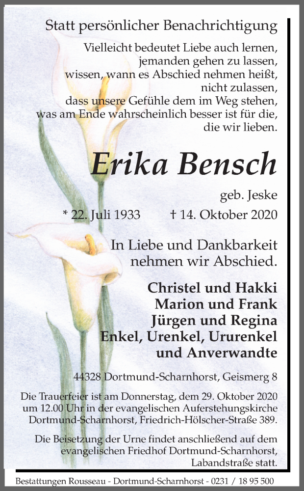  Traueranzeige für Erika Bensch vom 21.10.2020 aus Ruhr Nachrichten