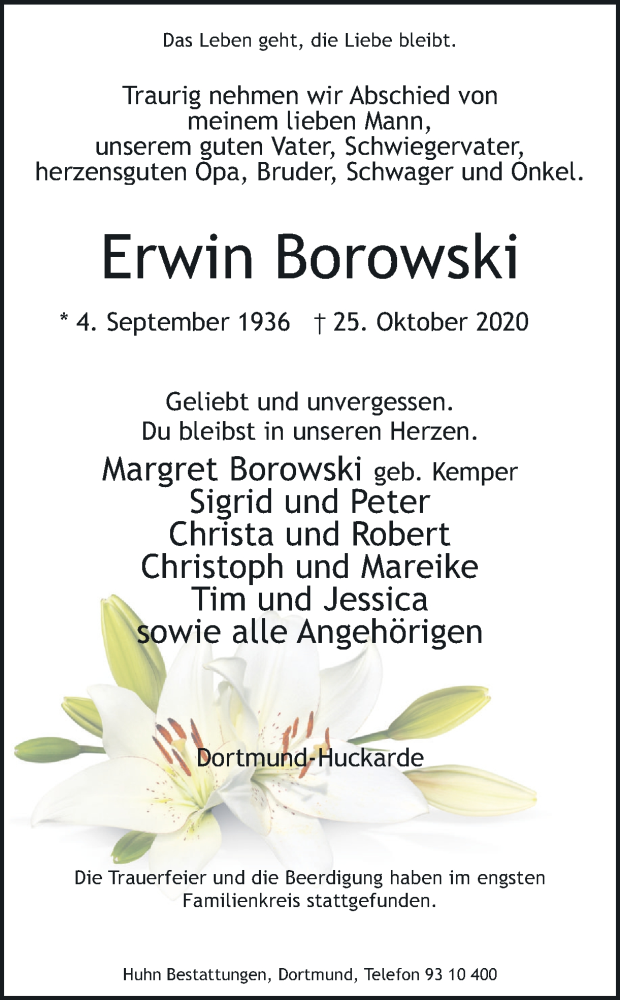  Traueranzeige für Erwin Borowski vom 07.11.2020 aus Ruhr Nachrichten