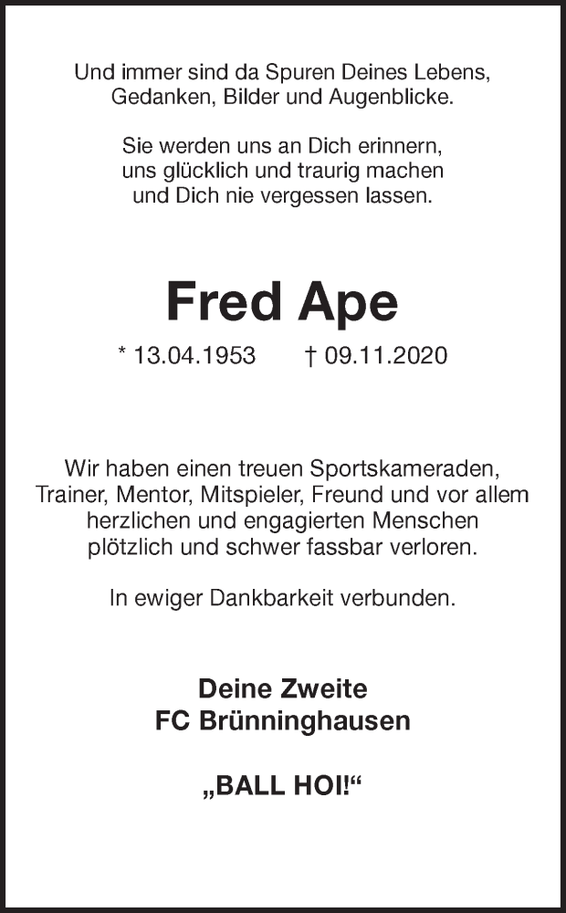  Traueranzeige für Fred Ape vom 18.11.2020 aus Ruhr Nachrichten