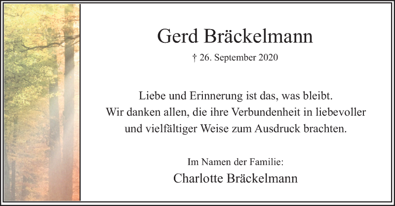  Traueranzeige für Gerd Bräckelmann vom 07.11.2020 aus Hellweger Anzeiger