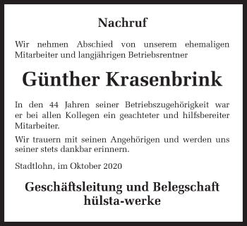 Traueranzeige von Günther Krasenbrink von Münstersche Zeitung und Münsterland Zeitung