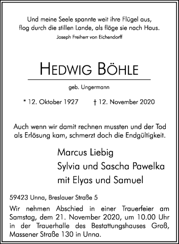 Traueranzeige von Hedwig Böhle von Hellweger Anzeiger