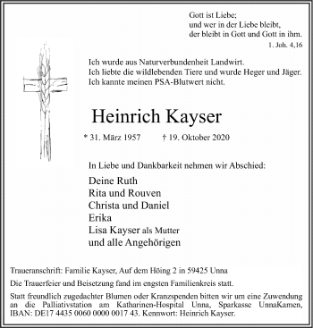 Traueranzeige von Heinrich Kayser von Hellweger Anzeiger