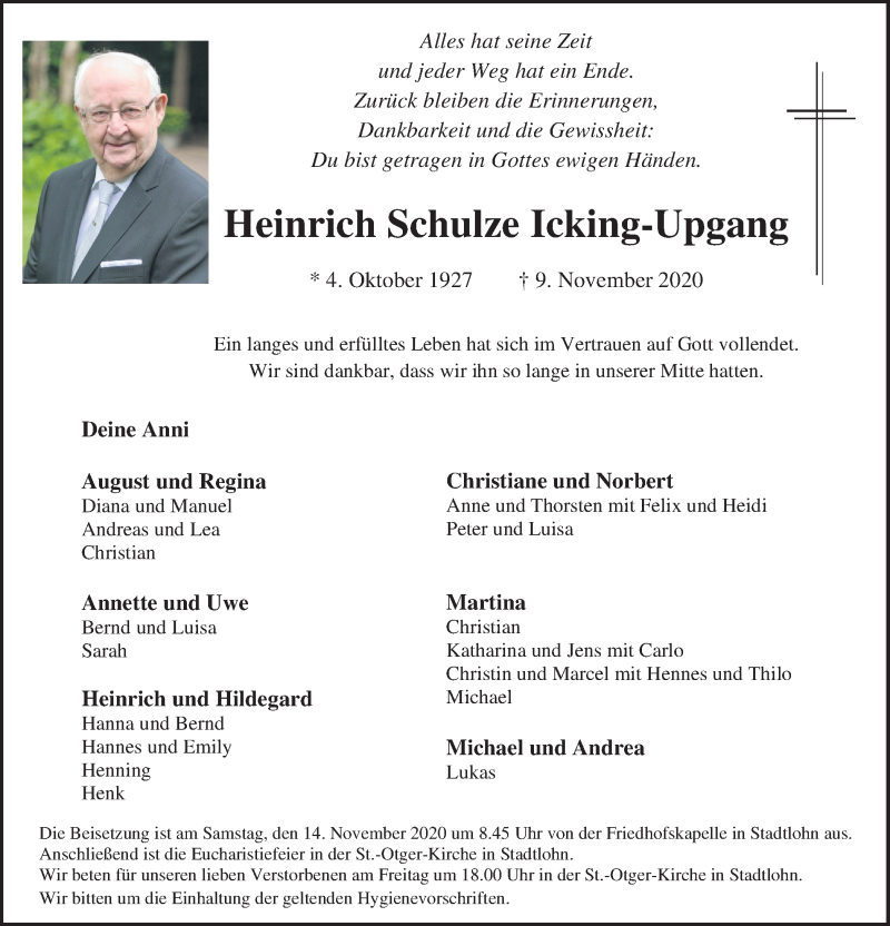 Traueranzeige für Heinrich Schulze Icking-Upgang vom 11.11.2020 aus Münstersche Zeitung und Münsterland Zeitung