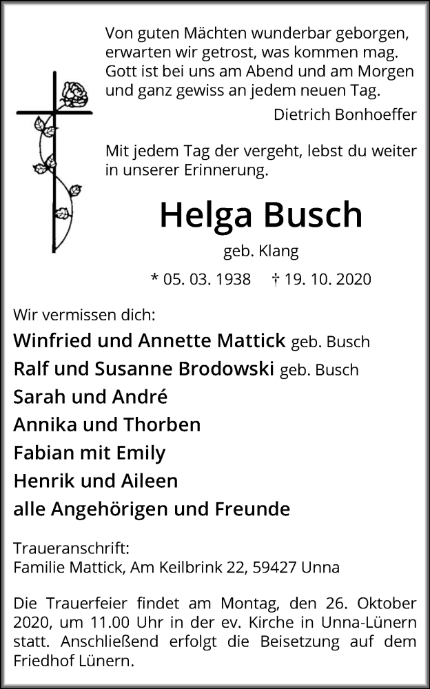  Traueranzeige für Helga Busch vom 22.10.2020 aus Hellweger Anzeiger