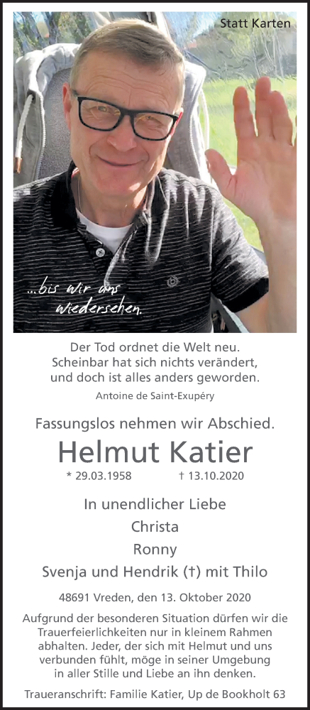  Traueranzeige für Helmut Katier vom 17.10.2020 aus Münstersche Zeitung und Münsterland Zeitung