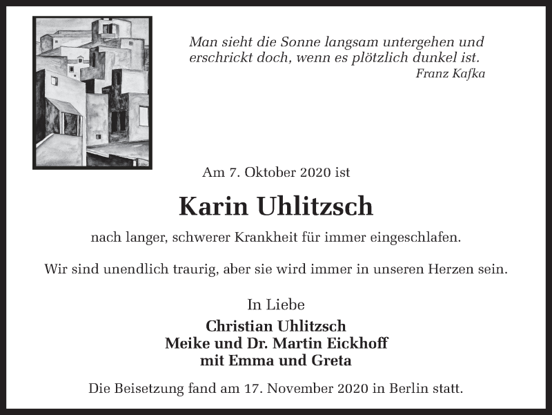  Traueranzeige für Karin Uhlitzsch vom 18.11.2020 aus Ruhr Nachrichten