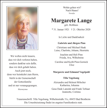 Traueranzeige von Margarete Lange von Münstersche Zeitung und Münsterland Zeitung