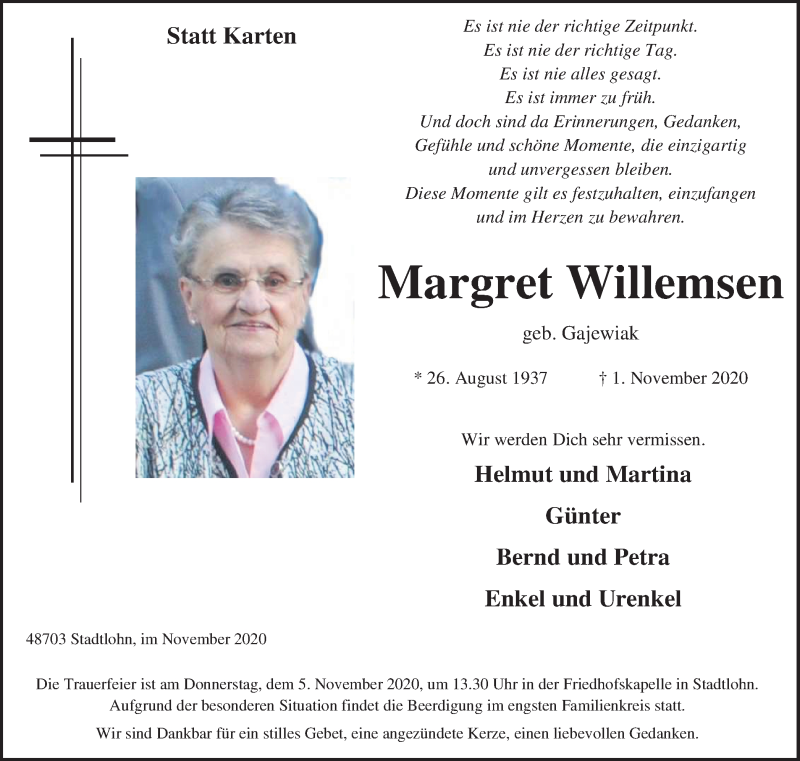  Traueranzeige für Margret Willemsen vom 03.11.2020 aus Münstersche Zeitung und Münsterland Zeitung