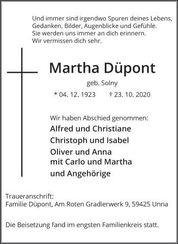 Traueranzeige von Martha Düpont von Hellweger Anzeiger
